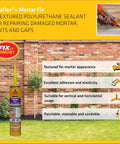 Image of Sikaflex Mortar Fix sealant cartridge used on brick wall, showing textured polyurethane for repairing mortar joints and gaps.