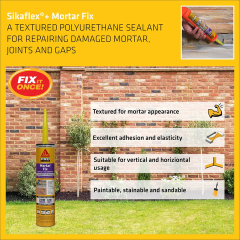 Image of Sikaflex Mortar Fix sealant cartridge used on brick wall, showing textured polyurethane for repairing mortar joints and gaps.