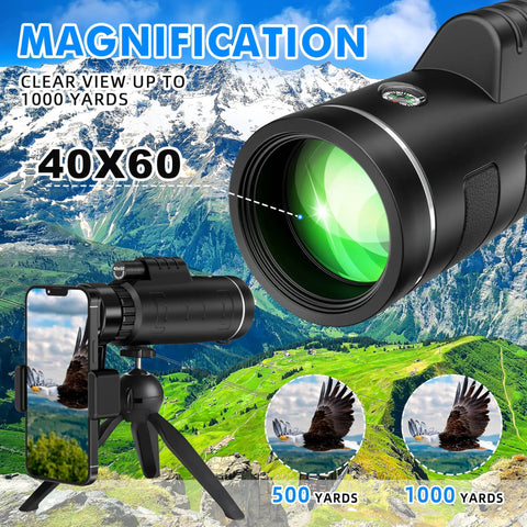 40x60 Monocular Telescope With Phone Adapter And Carry Case High Powered Compact Monocular For Wildlife Watching, Hunting, Camping, Travel And Outdoor Adventures black monocular with tripod and phone mount