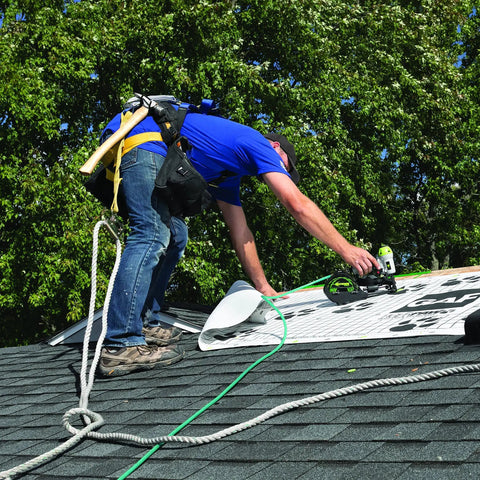 Contractor using One Inch Electro Galvanized Ring Shank Cap Nails With Tough Plastic Collated Heads For Dead Nuts Underlayment Grip On Outdoor Decks Fits Cn100b And Cn100 Cap Nailers Flawlessly on roof.