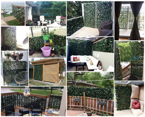Expandable Faux Ivy Privacy Screen for Balcony and Patio Ideal Outdoor Fencing Panel with Realistic Artificial Hedges in various settings