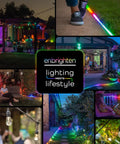 Outdoor spaces illuminated with VIBE Mini Landscape Lights Kit with 12 small pathway lights and colorful lighting effects.