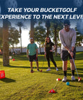 Group playing with Backyard Golf Club With Oversized Head For Easy Swings in sunlit park, hitting foam balls into bucket targets