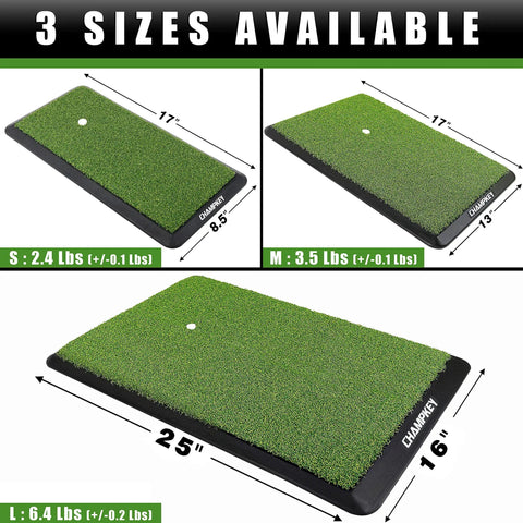 Three sizes of Premium Synthetic Turf Golf Hitting Mat with Heavy Duty Rubber Base and Real Fairway Feel 16mm True Turf Surface.