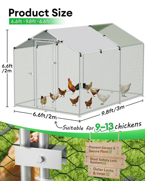 Beefy Metal Chicken Coop For 9 To 13 Hens Outdoor Run With Heavy Duty Frame, Waterproof PE Cover, Sun Shade, Dual Lock, 6.6Ft x 9.8Ft