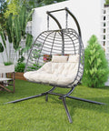 Ultra Cozy Double Hanging Egg Chair With Stand For Patio And Garden Deluxe Hammock Swing Chair With Cushions in beige setting