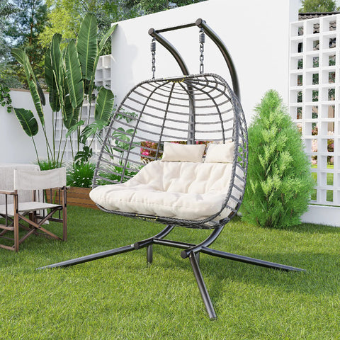 Ultra Cozy Double Hanging Egg Chair With Stand For Patio And Garden Deluxe Hammock Swing Chair With Cushions in beige setting