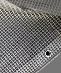Close-up of HydraTarp Clear Greenhouse Tarp 18 Ft By 24 Ft Heavy Duty 11 Mil With 3x3 Mesh Weave showing rust-free grommet