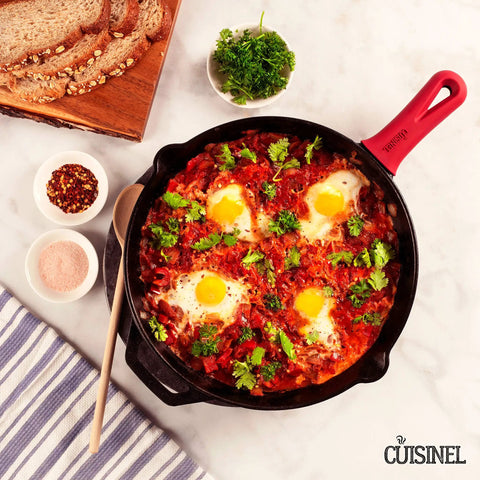 12 Inch Cast Iron Skillet With Glass Lid And Silicone Handle for Easy Grabbing Preseasoned And Oven Safe PFAS And PFOA Free Indoor Outdoor Cooking Pan with breakfast shakshuka