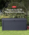 Borneo 110 Gallon Outdoor Storage Deck Box For Patio Backyard And Garden Grey Lockable Waterproof Sturdy Plastic Storage Bench For Cushions Tools Toys And More in garden setting