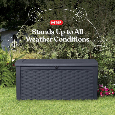 Borneo 110 Gallon Outdoor Storage Deck Box For Patio Backyard And Garden Grey Lockable Waterproof Sturdy Plastic Storage Bench For Cushions Tools Toys And More in garden setting