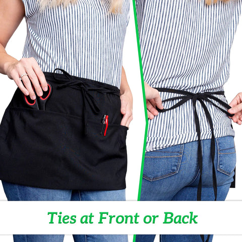 Three Pack Black Server Aprons With Pockets For Waitstaff Water Resistant Durable Spun Polyester Long Straps Reinforced Seams Half Apron For Men And Women Easy Care For Cafes Bars Restaurants