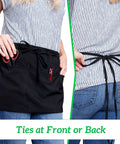 Black Pro Waist Apron With 3 Pockets For Servers And Waitstaff, front and back view showing adjustable ties and pockets