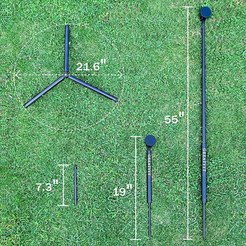 All In One Golf Swing Selfie Stick With Ground Spike And Tripod, Magnetic Phone Holder on grass showing measurements