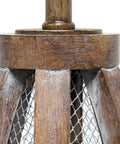 Close-up of old wood base with netted detail, Vintage Farmhouse Wood Two Light Table Lamp With Netted Shade And Old Wood Base.