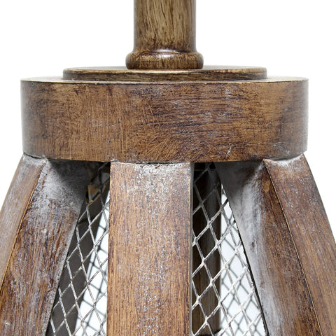 Close-up of old wood base with netted detail, Vintage Farmhouse Wood Two Light Table Lamp With Netted Shade And Old Wood Base.