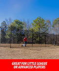 60 Foot Batting Cage Complete Package With Frame And Netting in a backyard, people assembling, surrounded by trees