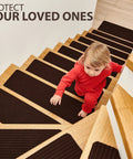 Child descends wood stairs with Non Slip Stair Treads For Wood Stairs 14 Pack 8.5 By 30 Inches With Landing Rug And Brush Indoor Brown Stair Runners Safe Steps For Pets Kids And Seniors.