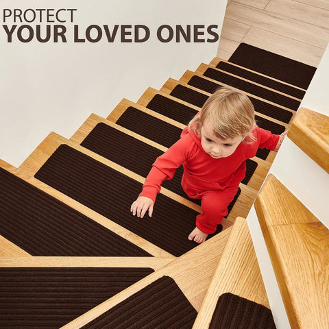 Child descends wood stairs with Non Slip Stair Treads For Wood Stairs 14 Pack 8.5 By 30 Inches With Landing Rug And Brush Indoor Brown Stair Runners Safe Steps For Pets Kids And Seniors.