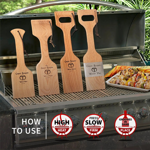 Set of Ultimate Bbq Cleaning Tool Shovels with Hardwood Grill Scrapers displayed on a grill, showing size and design details.