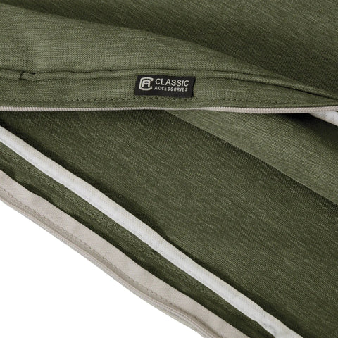 Close-up of Montlake FadeSafe Outdoor Bench Cushion 41 X 18 X 3 Inches showing heather fern water-resistant fabric and zipper