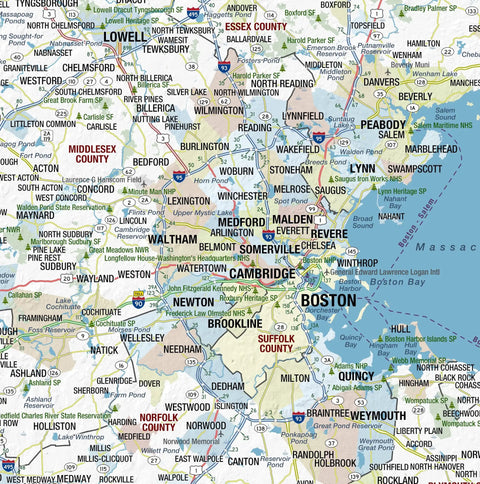 Laminated New England Regional Wall Map Poster With Ultra Legible City And Town Labels, Bright Blue Color Scheme, 48 By 54 Inches.