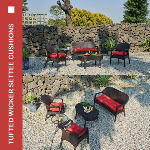 All Weather Tufted Wicker Chair Cushions Set for Outdoor and Indoor Use, 3 Piece Pack With 1 Loveseat Cushion, installed on patio furniture