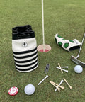 Premium Leather Golf Valuables Pouch With Drawstrings And Removable Marker on golf green with tees and balls
