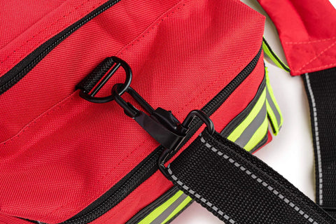 EMT trauma kit bag in red with neon-yellow reflective strips, black zipper and adjustable strap