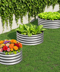 Three round galvanized planters with flowers and vegetables, showcasing Two Pack Galvanized Raised Garden Beds 24x24x12 Inches Outdoor Planter setup