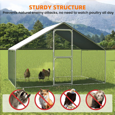 Walk In Metal Chicken Coop With Heavy Duty Outdoor Poultry Run And Protective Cover Predator Proof Spacious for 10-15 Animals