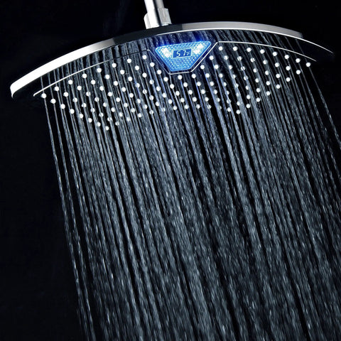 12 Inch Chrome Rainfall LED Shower Head With Color Changing LED LCD Temperature Display Curved Fan Design 123 Rub Free Jets Powered By Running Water No Batteries Needed Spa Quality Shower Experience