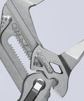 Close-up of 10 Inch Chrome Pliers Wrench, Adjustable, Precision Grade Performance For Pros, showing jaws and adjustment mechanism