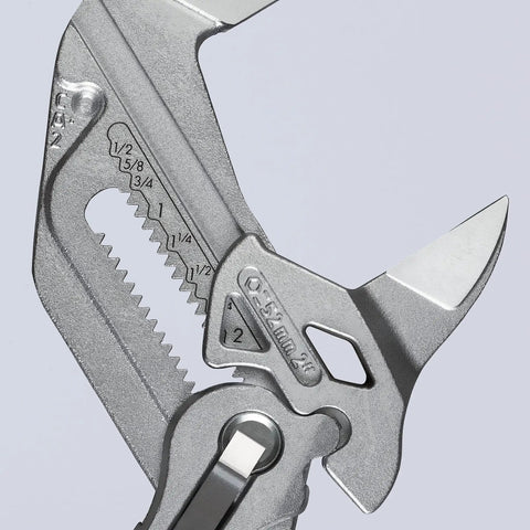 Close-up of adjustable head on Pro Grade Pliers Wrench Set Five Piece with smooth parallel jaws for inch and metric fasteners.