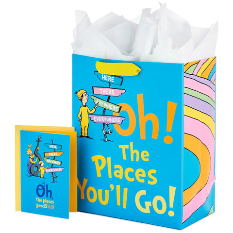 13 Inch Large Dr. Seuss Graduation Gift Bag With Tissue Paper And Card Oh The Places You'll Go For High School College Kindergarten Nursing School Grads