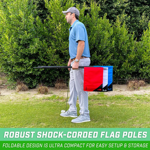 Person carrying three pack golf flags for backyard practice and on the go chipping drills, portable foldable flagsticks