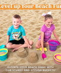 Kids playing with 3 Pack Foldable Beach Buckets With Shovels And Mesh Backpack For Kids And Toddlers, building sand castles.