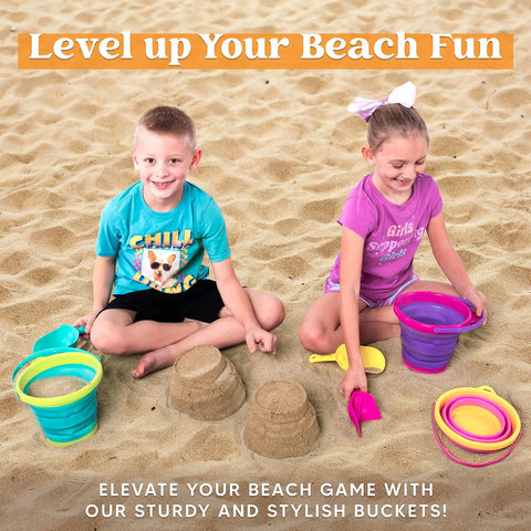 Kids playing with 3 Pack Foldable Beach Buckets With Shovels And Mesh Backpack For Kids And Toddlers, building sand castles.