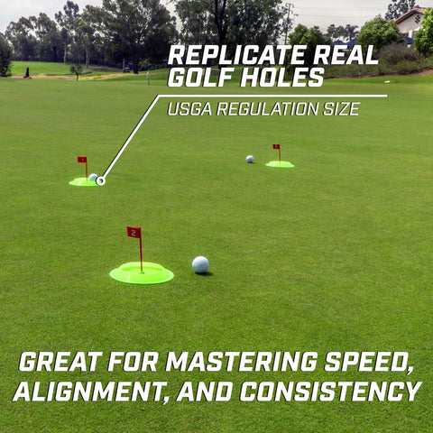 Pure Putt Challenge Three Pack Putting Cups For Indoor And Outdoor Practice Anywhere on a green field, illustrating use.