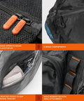 Close-up of black 90L Mesh Duffle Bag showing travel-grade zippers, compartments, water-resistant pocket, and webbing.