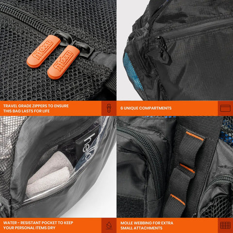 Close-up of black 90L Mesh Duffle Bag showing travel-grade zippers, compartments, water-resistant pocket, and webbing.
