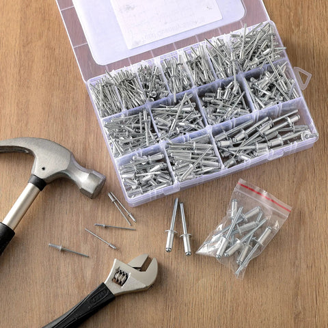 600 Piece Aluminum Pop Rivet Set Kit With Fifteen Size Assortment For Auto, Metalworking, And Furniture Projects displayed open