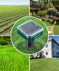 Solar Mole Repellent Ultrasonic 4 Pack For Lawn Garden Yard Home Humane Pest Deterrent with green grass and lawns.