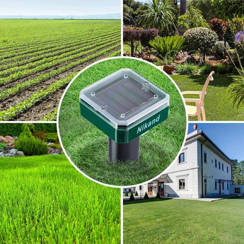 Solar Mole Repellent Ultrasonic 4 Pack For Lawn Garden Yard Home Humane Pest Deterrent with green grass and lawns.