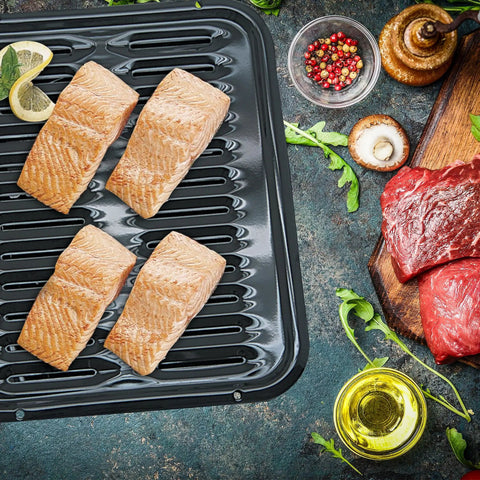 Heavy Duty Porcelain Air Fry Bake and Broil Pan Set, 16 By 12.75 Inch, with fish fillets, draining grease, grilling accessory