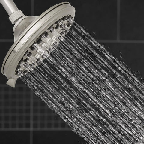 Six-Mode RainFall Plus Rain Shower Head With PowerPulse Massage, Brushed Nickel Finish, water flowing in high flow mode