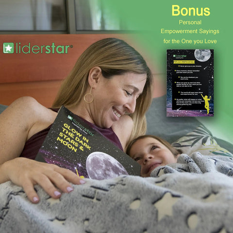 Mother and child reading Glow In The Dark Ceiling Stars And Moon Wall Decals For Kids Bedroom Or Nursery pack in bed