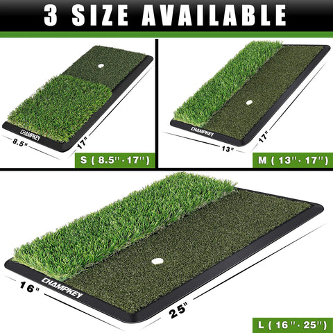3 sizes of Game Ready Turf Golf Hitting Mat With 9 Tees And Rubber Tee Holder Heavy Duty Backing Indoor Outdoor Practice Mat 13 By 17 Inches Pro Version on display.