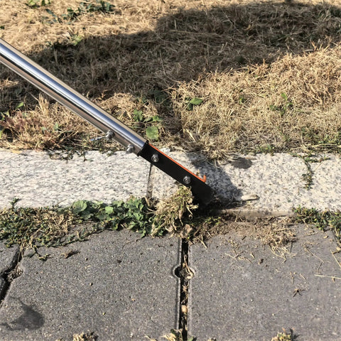 Long Reach Crack Weeder with Spring Steel L Shaped Blade and Adjustable Stainless Handle 58 Inch Weeding Tool used on sidewalk