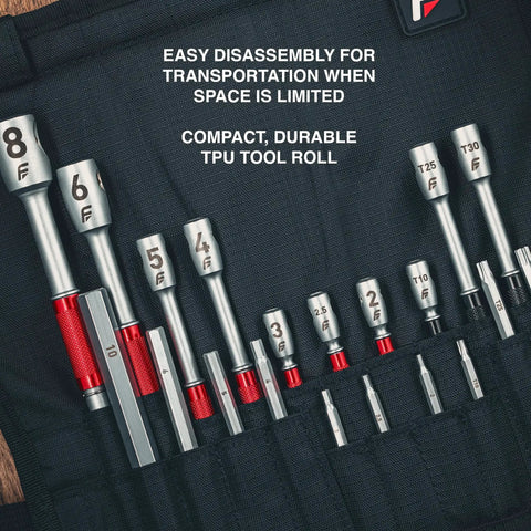 Modular T Handle Hex And Torx Wrench Set With 10 Tools In A Portable Space Saving Roll, featuring Hex T25, T30, and Hex 6.